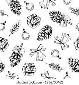Hand drawn vector seamless christmas background. Seamless pattern with cones, bows, bells, gift, acorn elements.