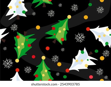 Hand drawn vector seamless
christmas child pattern with cartoon christmas tree 
and snowflake. 2025 New Year fashion
ornament for fabric, paper, textiles, notepad, packaging,
children clothes.