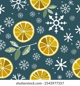 Dibujado a mano Vector patrón de Navidad sin fisuras con cítricos limones y copos de nieve sobre fondo azul. Moda del Año Nuevo 2025
Ornamento para la tela, papel, textiles, bloc de notas, ropa de las mujeres, embalaje