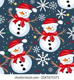 Hand drawn vector seamless
christmas pattern with cartoon funny
snowman in hat of santa claus, 
snowflake. 2025 New Year fashion
ornament for fabric, paper, textiles, notepad, packaging.