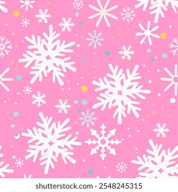 Hand drawn vector seamless 
christmas pattern with snowflakes
on pink background. 2025 New Year fashion
ornament for fabric, paper, textiles, notepad, post card,
child clothing, packaging.