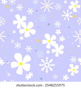 Hand drawn vector seamless 
christmas pattern with snowflakes, 
chamomile flowers on blue background. 2025 New Year fashion
ornament for fabric, paper, textiles, notepad, 
child clothing, packaging.