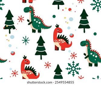 Hand drawn vector seamless
christmas child pattern with cartoon funny
dinosaurs cub, snowflakes and christmas trees.
2025 New Year fashion
ornament for fabric, paper, textiles, notepad, packaging.