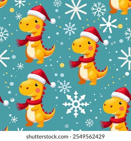 Hand drawn vector seamless
christmas child pattern with cartoon funny
dinosaurs cub in red santa claus hat, snowflakes.
2025 New Year fashion
ornament for fabric, paper, textiles, notepad, packaging.