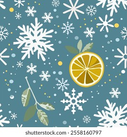 Hand drawn vector seamless christmas pattern with citrus fruits lemons and snowflakes on blue background. 2025 New Year fashion
ornament for fabric, paper, textiles, notepad, women clothing, packaging