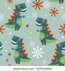 Hand drawn vector seamless
christmas child pattern with cartoon funny
dinosaurs cub and snowflakes.
2026 New Year fashion
ornament for kid fabric, clothes, paper, textiles, notepad, packaging.