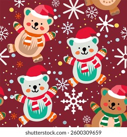 Hand drawn vector seamless
christmas child pattern with snowflake, 
cartoon funny
bear cub in red scarf, santa claus hat. 2026 New Year fashion
ornament for fabric, paper, textiles, notepad, packaging