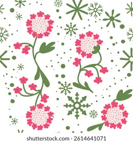 Hand drawn vector seamless
christmas pattern. Cartoon beautiful flowers, 
snowflakes isolated on white background. 2026 New Year fashion winter
ornament for fabric, paper, textile, notepad, packaging.