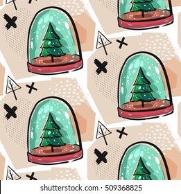 Hand drawn vector seamless Christmas decoration pattern with colorful snow globe,Christmas trees,snow,crosses and geometric abstract elements.Christmas decoration background.Happy New year pattern.