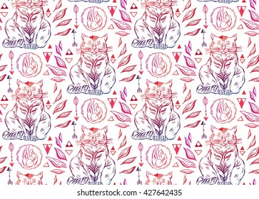 Hand drawn vector seamless color line cute cats pattern.Cat art background.Cat with hand,arrows and triangles on white background. Kitten going yoga. Fun childish print, fabric design.