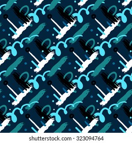 Hand drawn vector seamless cross hatched pattern with bold diagonal brushstrokes, zigzag lines, colorful stripes, small circles and random doodles in jade green colors. Modern print for textile design