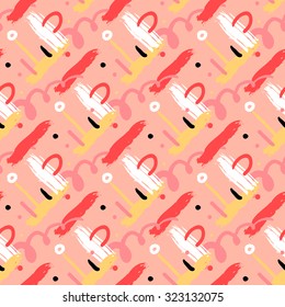 Hand drawn vector seamless cross hatched pattern with bold diagonal brushstrokes, zigzag lines, colorful stripes, small circles and random doodles in red orange colors. Modern print for textile design