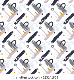 Hand drawn vector seamless cross hatched pattern with bold diagonal brushstrokes, zigzag lines, colorful stripes, small circles and random doodles in grey white colors. Modern print for textile design