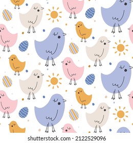 Hand drawn vector seamless Easter pattern with flat colorful hens, sun, eggs in scandinavian style on white background. Seamless Easter pattern.