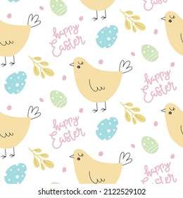 Hand drawn vector seamless easter pattern with flat hens, eggs, inscription happy easter in scandinavian style on white background. Seamless Easter pattern.