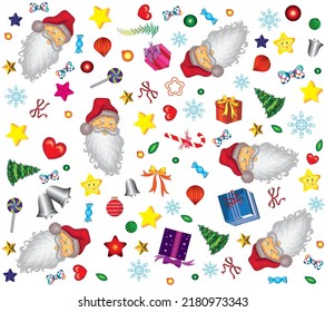 Hand drawn vector seamless flat pattern with icons.New Year and Christmas Day.