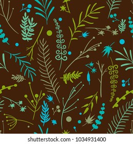 Hand drawn vector seamless floral pattern on brown background