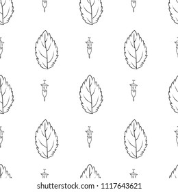 Hand drawn vector seamless floral pattern Mint leaf peppermint ink sketh isolated on white background, spicy herb kitchen texture, Doodle cooking ingredient for design package tea, wallpaper, cosmetic