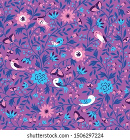 Hand Drawn Vector Seamless Floral Pattern with Birds and Leaves in Doodle Style.