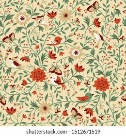 Hand Drawn Vector Seamless Floral Pattern with Birds and Leaves in Doodle Style.