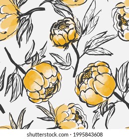 Hand drawn vector seamless floral pattern with bold yellow flowers on white background. Peony flower plant with leaves and stem. All over sketchy print.