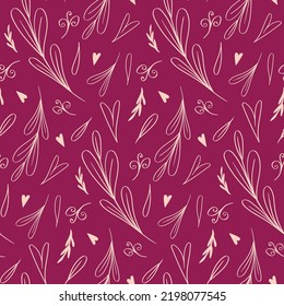 Motif floral harmonieux dessiné à la main de feuilles, coeurs et branches en couleur rose sur fond violet. Joli décor romantique. 