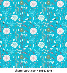 Hand drawn vector  Seamless floral blue pattern.  Vintage wallpaper 