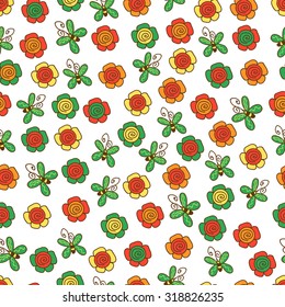 Hand drawn vector seamless floral pattern. Bright doodles: flowers and butterflies. Can be used for backgrounds, fabric prints, scrapbooking, cards, design paper