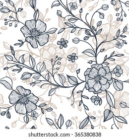 hand drawn vector seamless floral pattern with flowers and leaves, buds and twigs