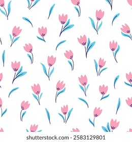 Hand drawn vector seamless flower pattern. Stylized pink tulip flowers on white background