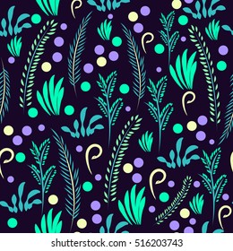 Hand drawn vector seamless flower pattern. Abstract twigs, leaves and berries spread randomly. Neon colors