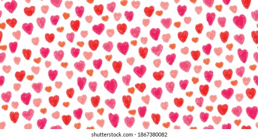 Hand drawn vector seamless heart pattern - red, pink, orange hearts