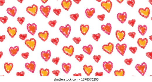 Hand drawn vector seamless heart pattern - red, orange, yellow hearts