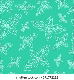 Hand drawn vector seamless herbal pattern with mint leaves, Hand drawn spicy herbs peppermint, Doodle cooking ingredient for design wallpaper, tea, decorative cosmetics, packaging, natural fabric