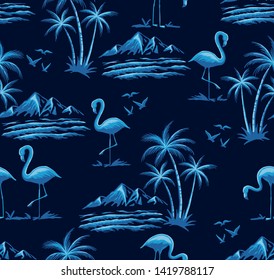 Hand drawn vector seamless island pattern navy background  Landscape and palm trees  beach   flamingo birds  ocean   mountains  