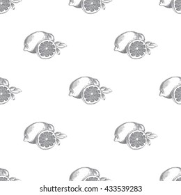 Hand drawn vector seamless lemon pattern on white background. Sketch Seamless nature background. Fresh organic food. Citrus pattern. Vector illustration.