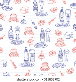 Hand drawn vector seamless Oktoberfest pattern. Beer festival doodles. Beer bottles, glasses, food and snacks. Can be used for backgrounds, fabric prints, scrapbooking, cards, design paper