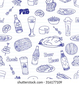 Hand drawn vector seamless Oktoberfest pattern. Beer festival doodles. Beer bottles, glasses, food and snacks. Can be used for backgrounds, fabric prints, scrapbooking, cards, design paper