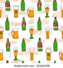 Hand drawn vector seamless Oktoberfest pattern. Beer festival doodles. Beer bottles, glasses, food and snacks. Can be used for backgrounds, fabric prints, scrapbooking, cards, design paper
