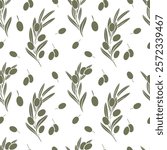 hand drawn vector seamless pattern with olive branches silhouette with fruits and leaves. Minimalist style in olive green color. Perfect for textile, packaging, menu, prints, backgrounds