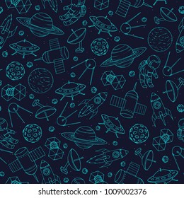 Hand drawn vector seamless pattern with cosmonauts, satelites, rockets, planets, moon, stars and 
UFO contours. Cosmic ornament on the dark background.