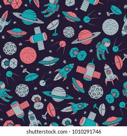 Hand drawn vector seamless pattern with cosmonauts, satelites, rockets, planets, moon, falling stars and UFO contours. Colorful cosmic ornament on the starry dark background.