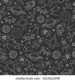 Hand drawn vector seamless pattern with cosmonauts, satelites, rockets, planets, moon, falling stars and UFO contours. Cosmic background for education and science portals.
