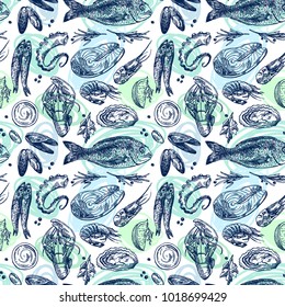 Hand drawn vector seamless pattern sea food. Vintage sketch style. Good for menu and 