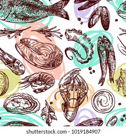 Hand drawn vector seamless pattern sea food. Vintage sketch style. Good for menu and 