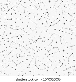 Hand drawn vector seamless pattern with zodiac constellations on the starry background. Space backdrop in sketch style.