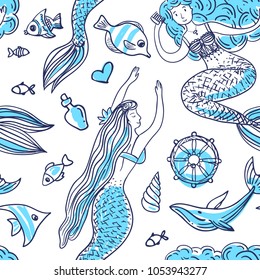 Hand drawn vector seamless pattern mermaid. Cartoon style. 