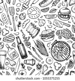 Hand Drawn Vector Seamless Pattern. BBQ. Barbeque Design Elements In Sketch Style. Fast Food.  Perfect For Menu, Prints, Packing, Leaflets, Advertising, Wrapping Paper