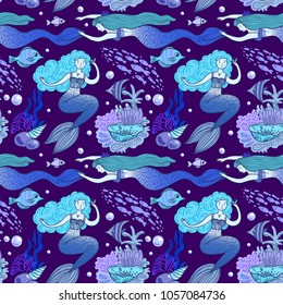 Hand drawn vector seamless pattern mermaid. Cartoon style. 