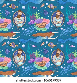 Hand drawn vector seamless pattern mermaid. Cartoon style. 